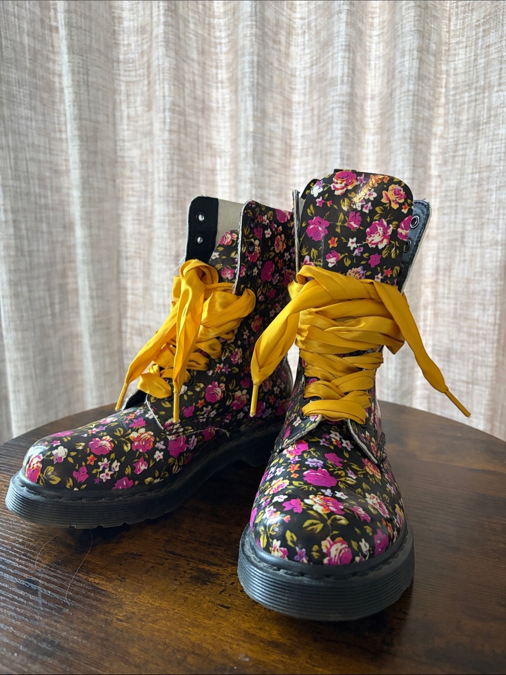 Dr. Martens Black Floral Lace-Up Boots with Yellow Laces